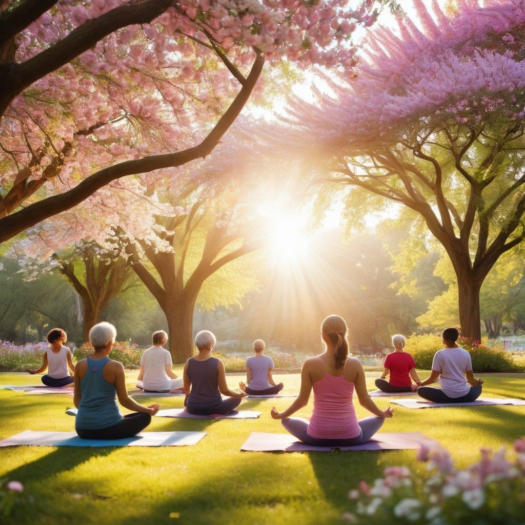A serene landscape depicting a diverse group of cancer patients and caregivers sharing wellness tips in a peaceful park setting, surrounded by blooming flowers and soft sunlight filtering through trees. The scene captures warmth, support, and community engagement, with patients engaging in yoga, meditation, and discussions, showcasing resilience and hope. Include symbolic elements like ribbons and heart icons in the background. vibrant colors. super-realistic.