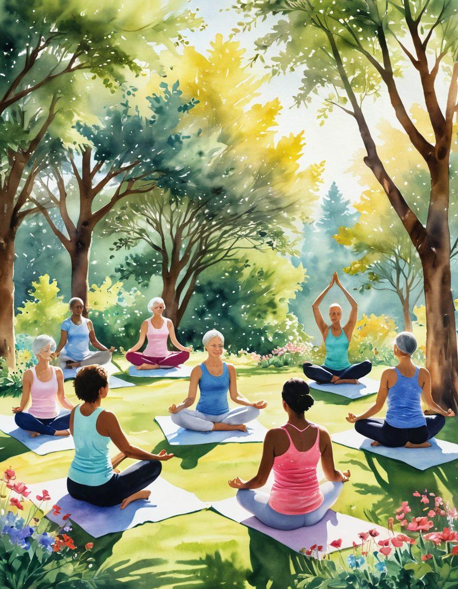 A serene scene showcasing a diverse group of cancer survivors, each engaged in different wellness activities such as yoga, meditation, and gardening. They are surrounded by soft sunlight filtering through trees, symbolizing hope and support. Include elements like motivational quotes on banners and colorful flowers to enhance the uplifting atmosphere. watercolor. vibrant colors. natural light.