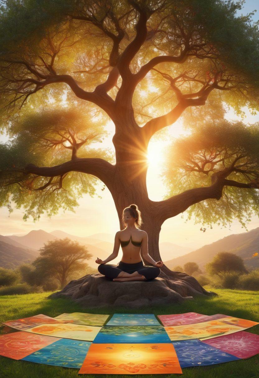 A serene landscape depicting a person meditating under a large, flowering tree, surrounded by symbols of holistic health such as fresh fruits, herbs, and yoga mats. The background shows a sunrise reflecting hope and vitality. Include elements of nature, like flowing water and birds in the sky, to embody peace and wellness. super-realistic. vibrant colors. soft focus.
